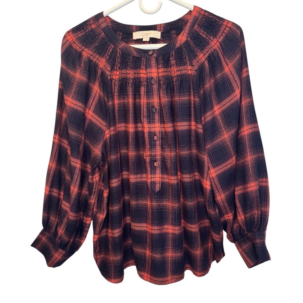 LOFT Womens Navy Plaid Flannel Smocked Henley Long Sleeve Top Large Classic